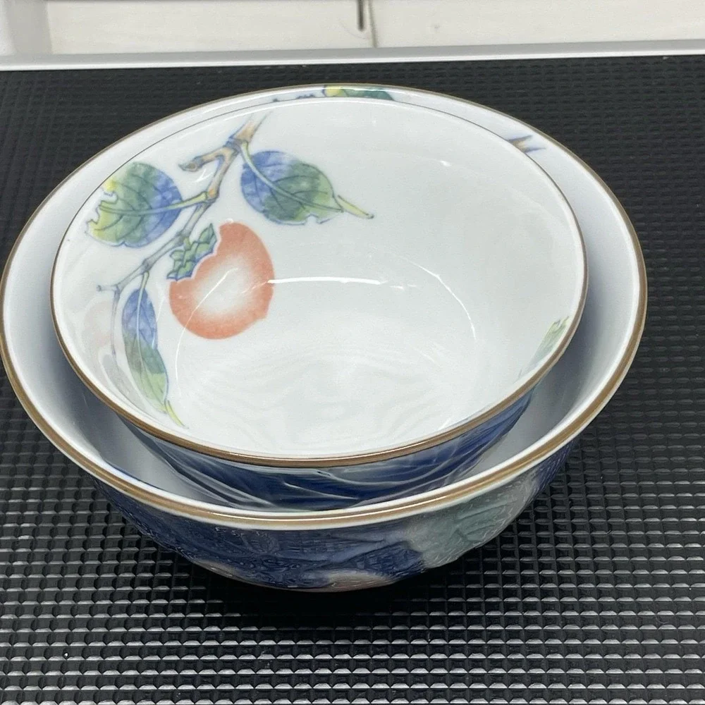 Vintage Andrea by Sadek‎ Japanese Hand Painted Bowls Set Blue Embossed Persimmon